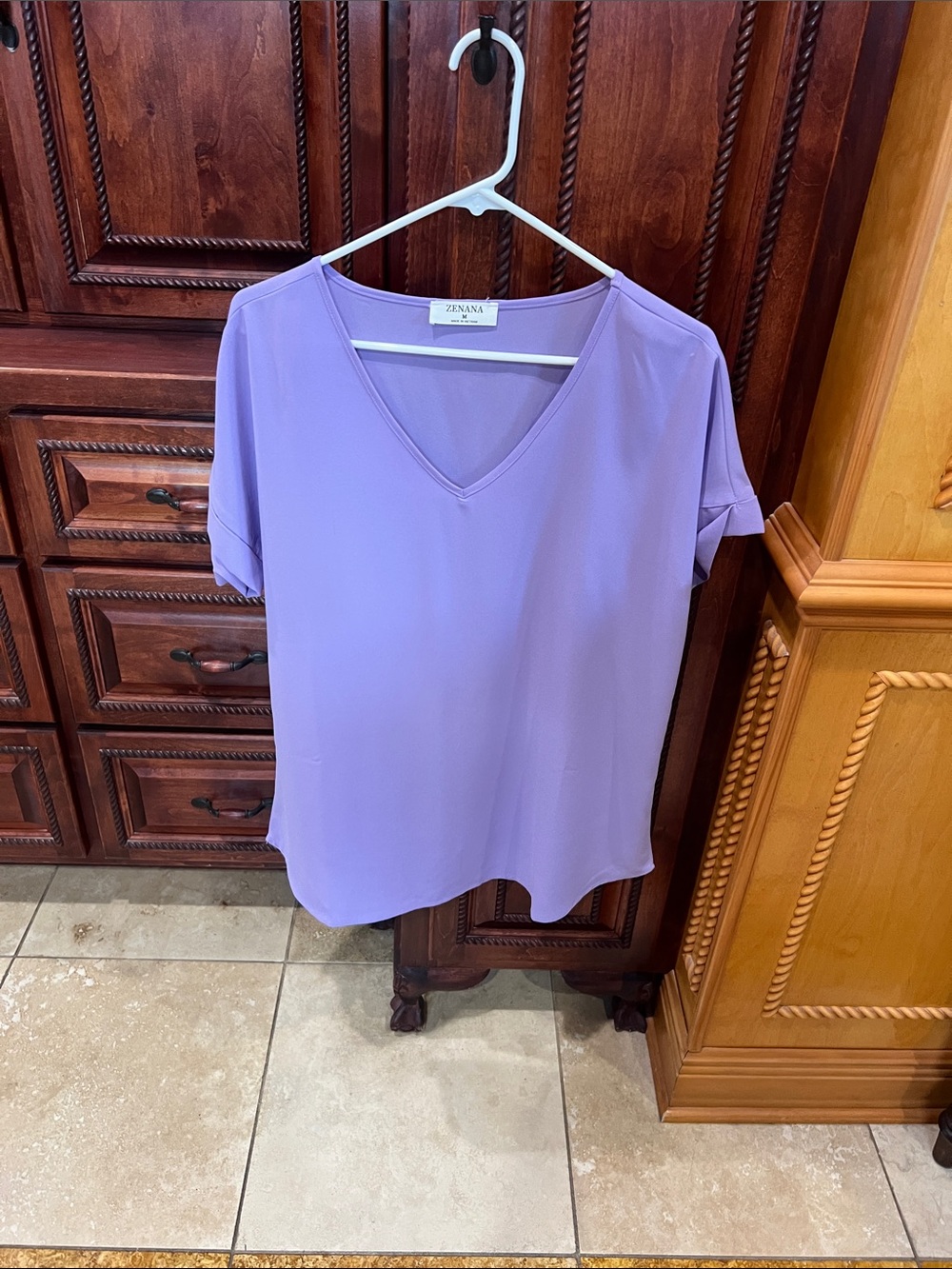 Zenana Outfitters Lilac V-Neck Short Sleeve Blouse